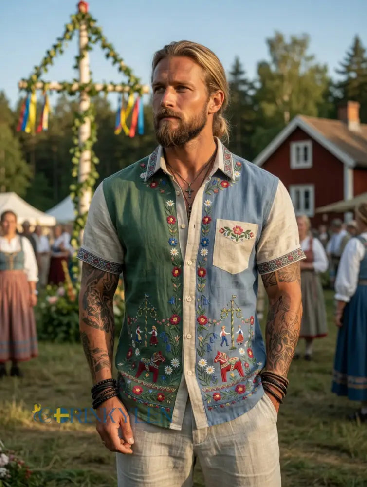 Menns retro svenske midsommer-folket blomster av bomulls-Linen kortærme skjorter