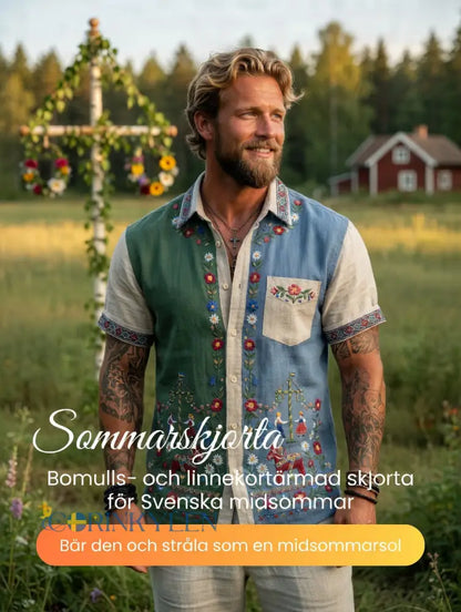 Menns retro svenske midsommer-folket blomster av bomulls-Linen kortærme skjorter