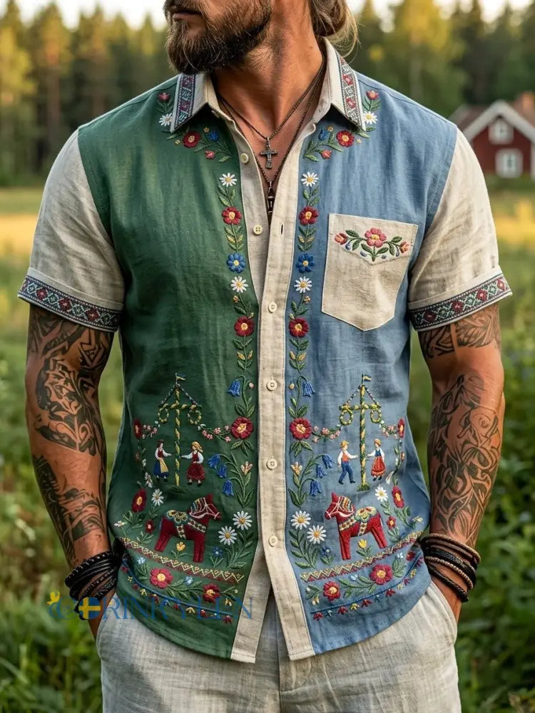Menns retro svenske midsommer-folket blomster av bomulls-Linen kortærme skjorter - grøn / S