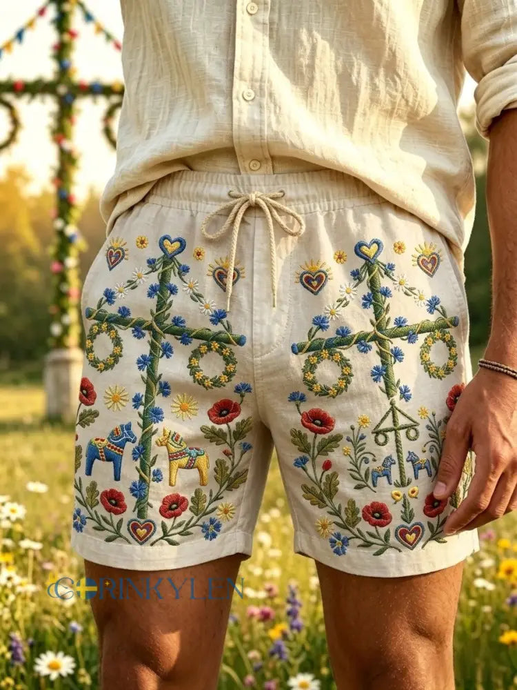 Menns retro svenske midsommer-folket blomstrer bomulls-Linen korte bukser - Apricot / S