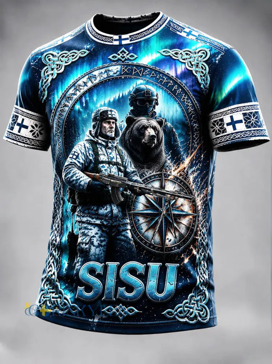 Men’s Blue Finnish Military ’Sisu’ Spirit Print Casual T-shirt - blå / S