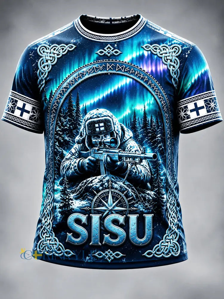 Men’s Blue Finnish Military ’Sisu’ Spirit Sniper Print Casual T-shirt - blå / S