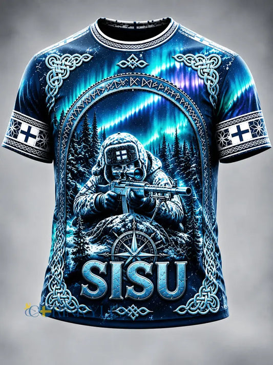 Men’s Blue Finnish Military ’Sisu’ Spirit Sniper Print Casual T-shirt - blå / S