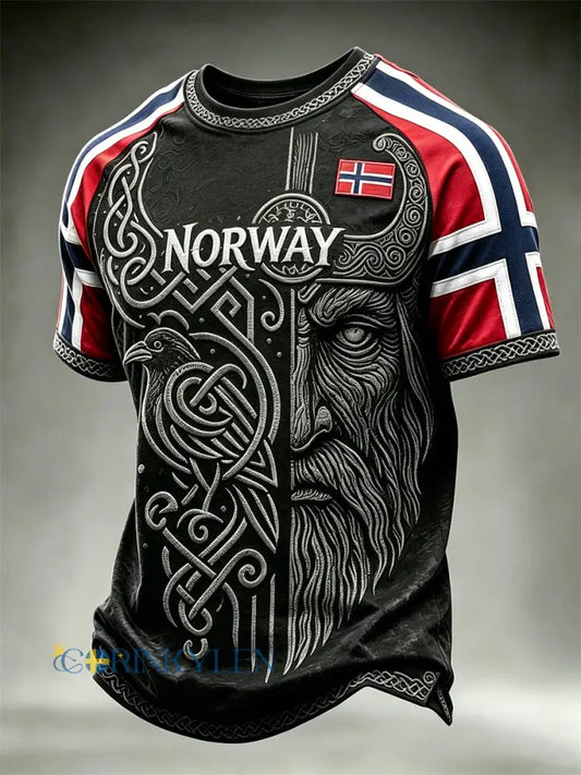 Men’s Norway Viking Warrior & Raven Celtic Knot Flag Skriv ut korta ärmar t-shirt - svart / S