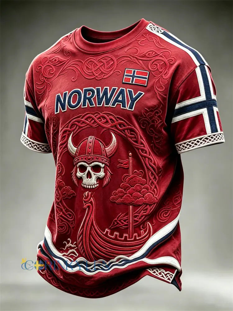 Men’s Norway Viking Warrior Skull & Ship Celtic Knot Flag Skriv ut korta ärmar t-shirt - röd / S