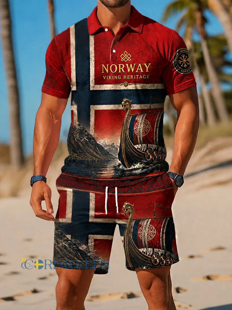 Men’s Retro Nordic-stil Två-del Set: Norsk konst Print Casual Polo & Shorts - A / S