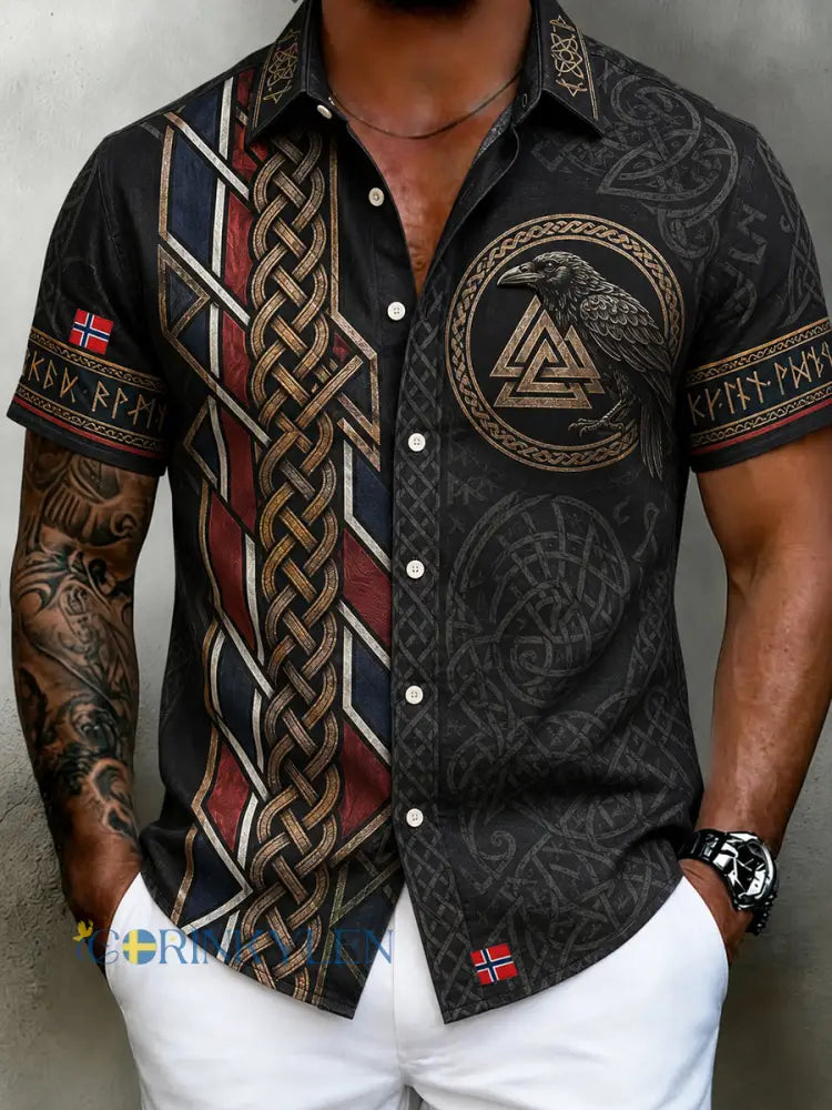 Men’s Retro Nordic Style Norwegian Art Print Casual Cotton Lin Skjorta - A / S