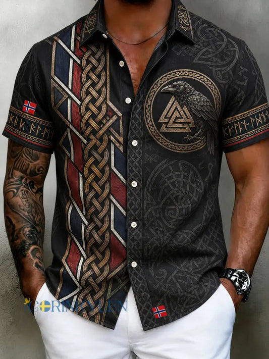 Men’s Retro Nordic Style Norwegian Art Print Casual Cotton Lin Skjorta - A / S