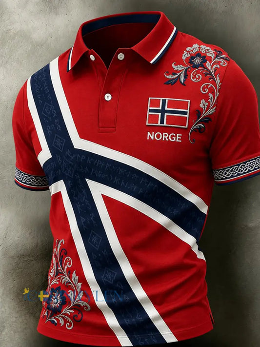 Men’s Retro Nordic Style Norwegian Art Print Casual Polo Skjorta - A / S