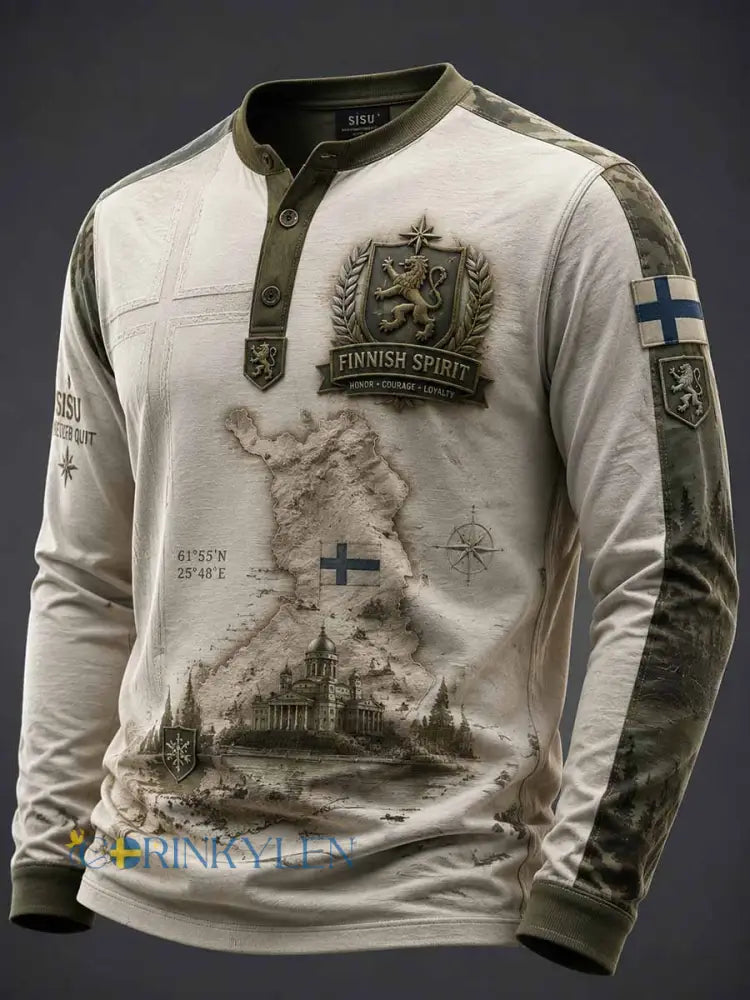 Men’s Vintage Finland Sisu Veteran Pattern Print Long Sleeves T-Shirt - As picture / S