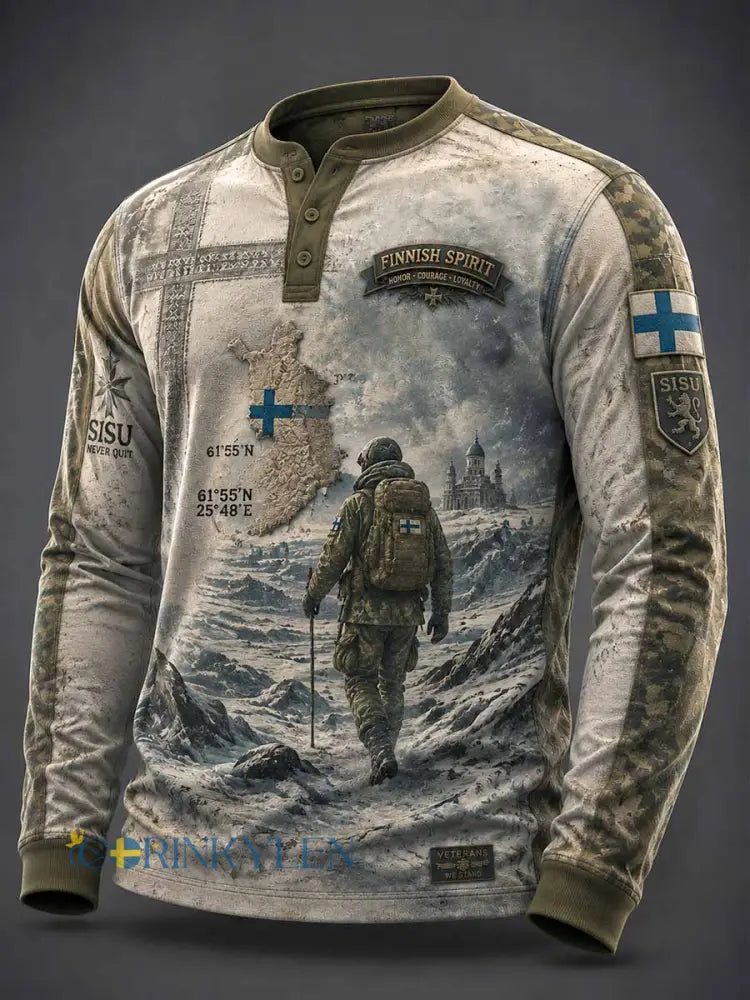 Men’s Vintage Finland Sisu Veteran Pattern Print Long Sleeves T-Shirt - As picture / S