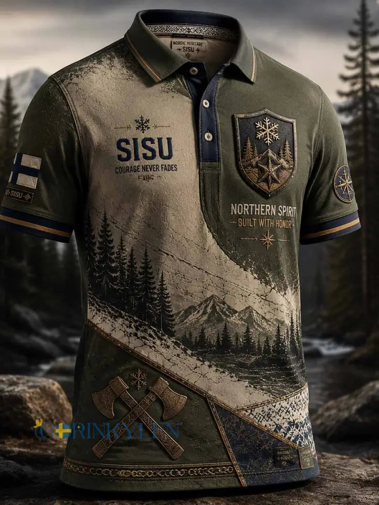 Men’s Vintage Finland Sisu Veteran Pattern Print Polo Shirt - As picture / S