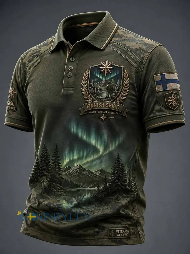 Men’s Vintage Finland Sisu Veteran Pattern Print Polo Shirt - As picture / S