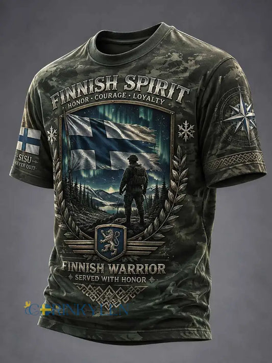 Men’s Vintage Finland Sisu Veteran Pattern Print T-Shirt - As picture / S