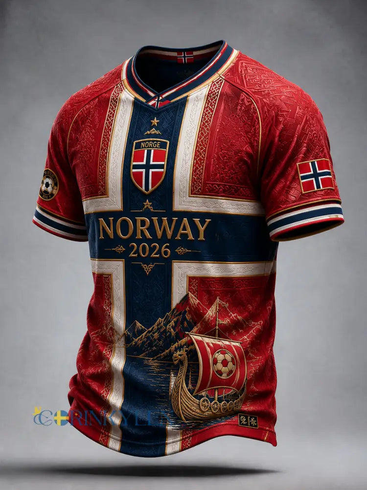 Norge 2026 Klassisk avslappnad T-shirt med V-ringning - som bild / S