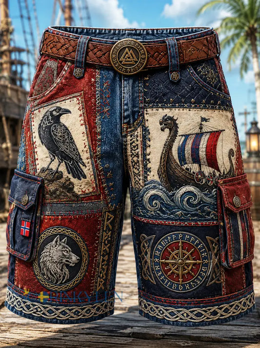 Norsk viking- skandinavisk- och nordiskt konsttryck i vintagestil – avslappnade shorts - A / S
