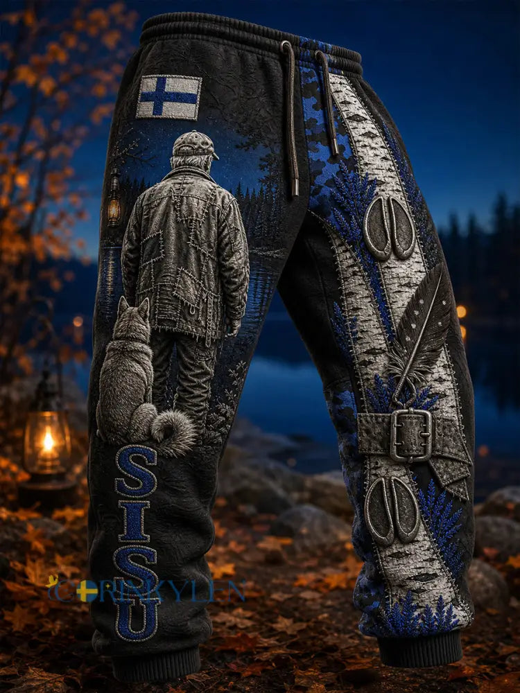 Retro Finsk konst Print Casual Sweatbyxor - A / S