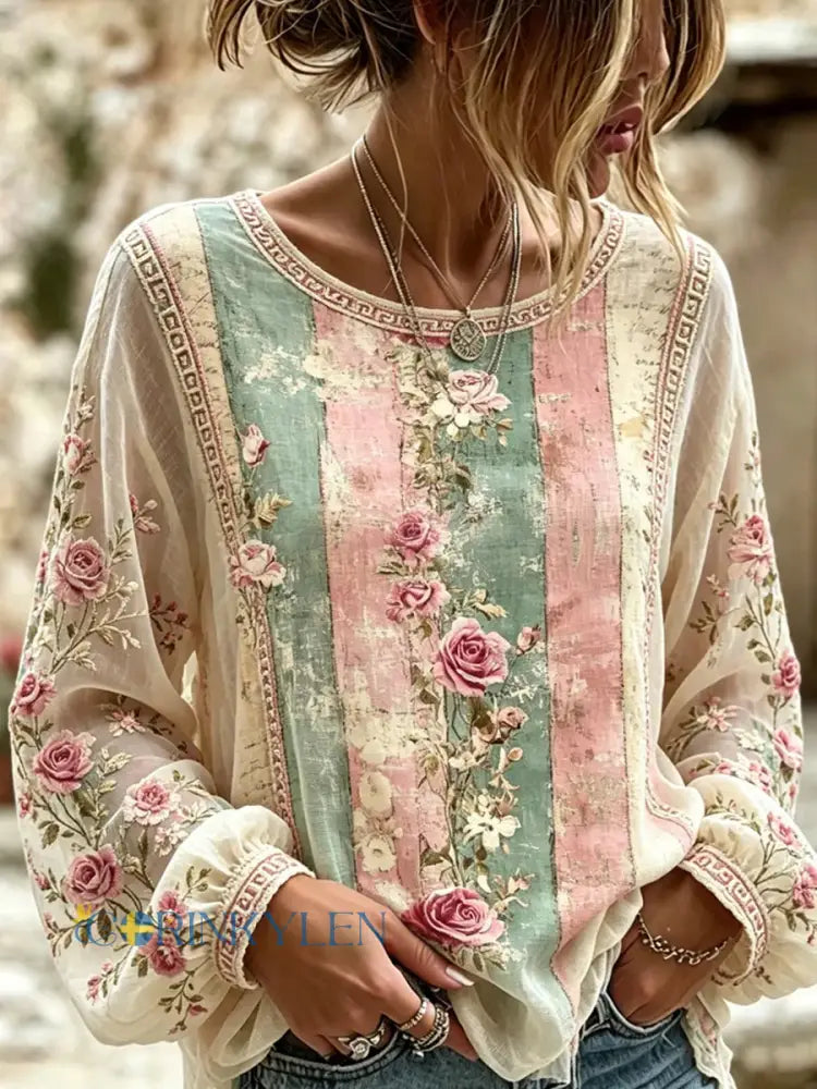 Retro Floral Art Skriv ut Casual bomull-Line topp - A / S