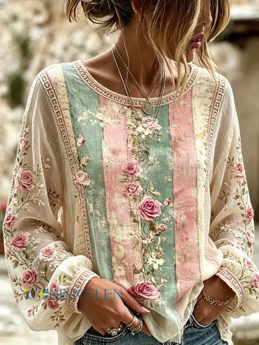 Retro Floral Art Skriv ut Casual bomull-Line topp - A / S
