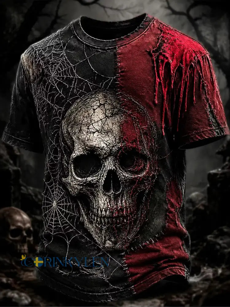 Retro Halloween Skull och spindel Web T-shirt - som bild / S