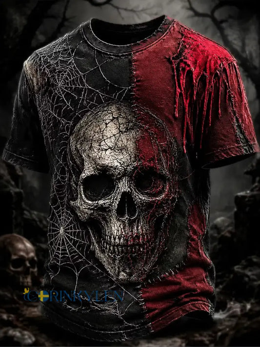 Retro Halloween Skull och spindel Web T-shirt - som bild / S