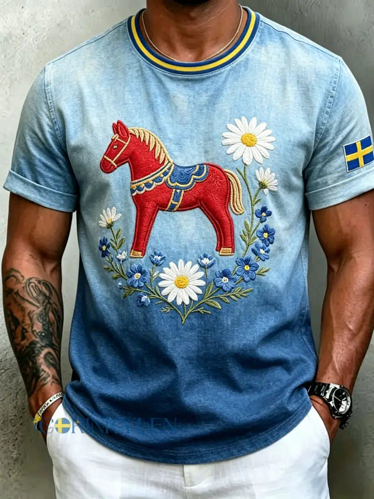 Retro herrtröja med svensk midsommarkonst kortärmad t-shirt - blå / S