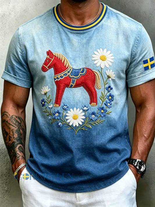 Retro herrtröja med svensk midsommarkonst kortärmad t-shirt - blå / S