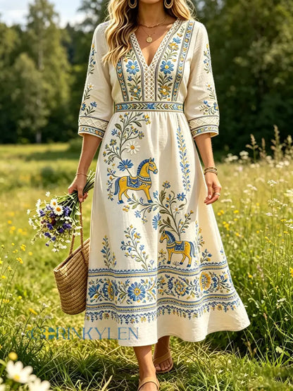 Retro midsommarfest konsttryck avslappnad klänning