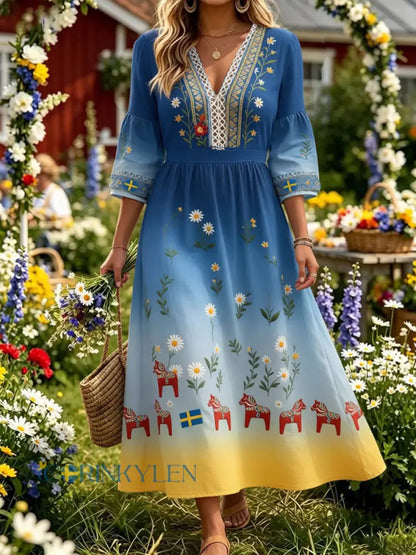 Retro midsommarfest konsttryck avslappnad klänning - A / S