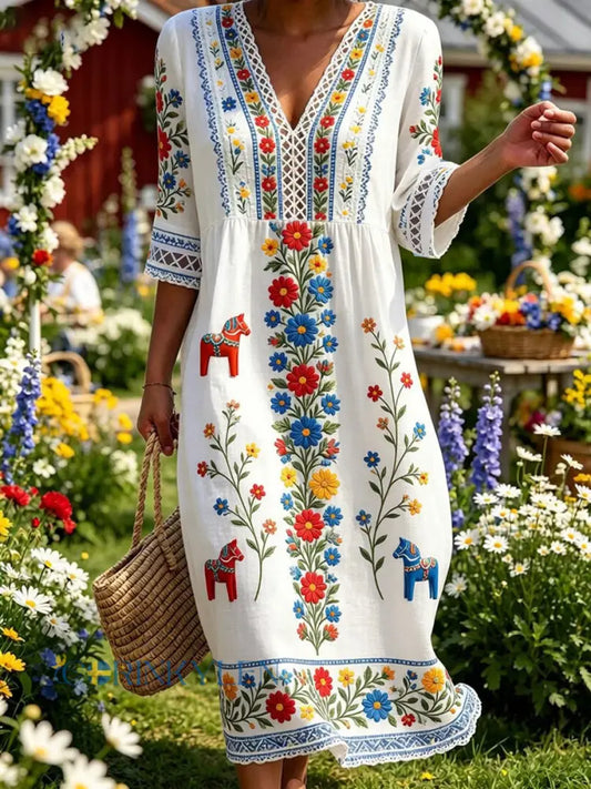 Retro midsommarfest konsttryck avslappnad klänning - A / S