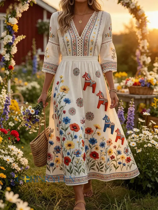 Retro midsommarfest konsttryck avslappnad klänning - A / S