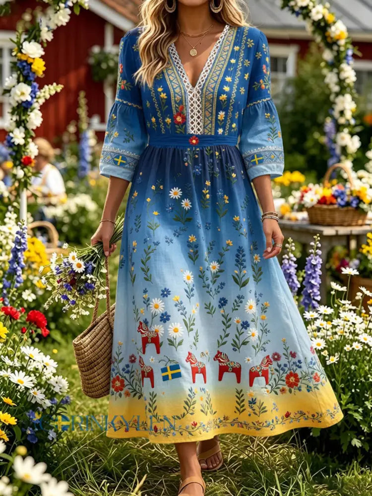Retro midsommarfest konsttryck avslappnad klänning - A / S