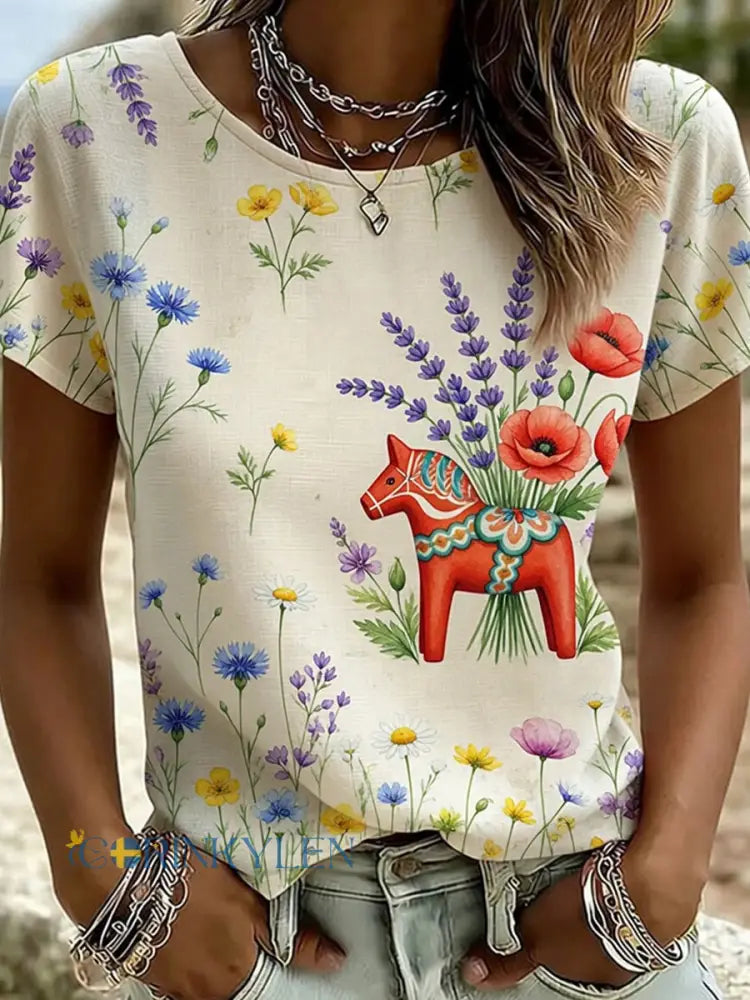 Retro midsommarfest konsttryck avslappnad t-shirt - A / S