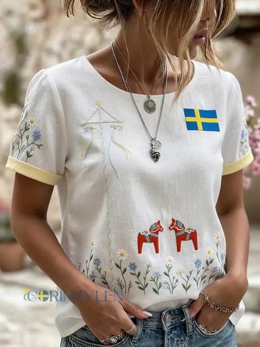Retro midsommarfest konsttryck avslappnad t-shirt - A / S