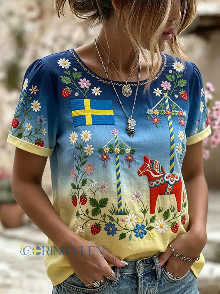 Retro midsommarfest konsttryck avslappnad t-shirt - A / S