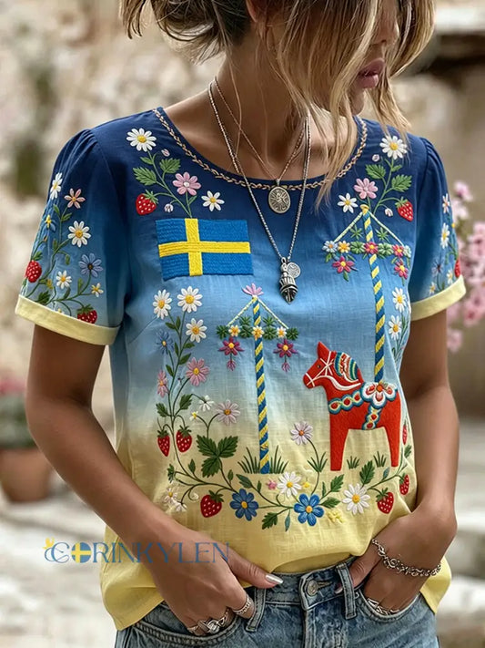 Retro midsommarfest konsttryck avslappnad t-shirt - A / S