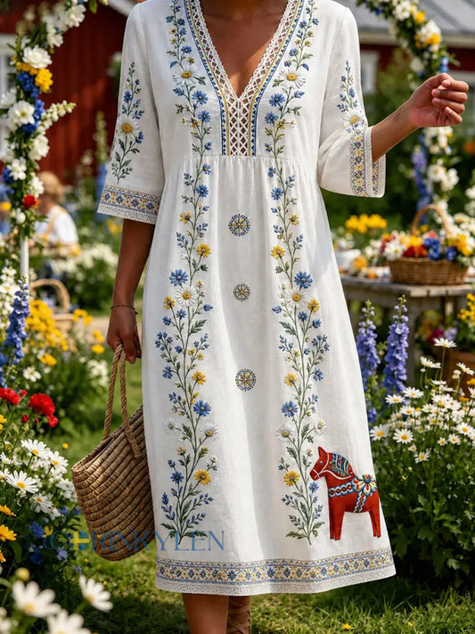 Retro midsommarfestival konsttryck avslappnad klänning - A / S