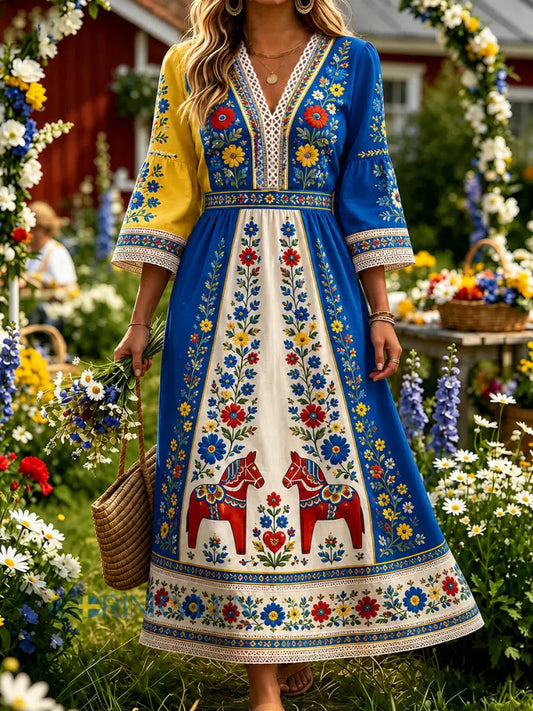 Retro midsommarfestival konsttryck avslappnad klänning - A / S