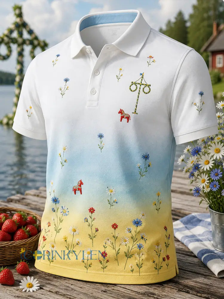 Retro midsommarkonsttryck avslappnad bekväm polotröja - A / S