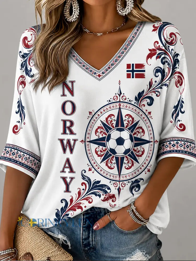 Retro Nordic Style Norwegian Fotbollsfläkt konst Skriv ut Casual Topp - A / S