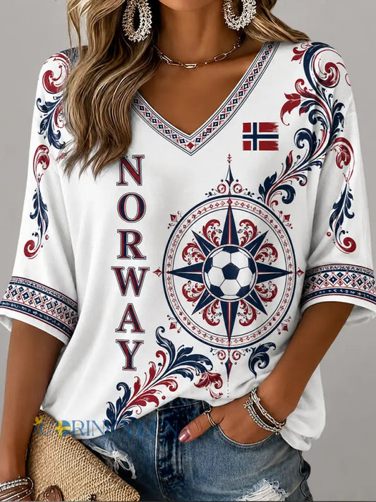Retro Nordic Style Norwegian Fotbollsfläkt konst Skriv ut Casual Topp - A / S