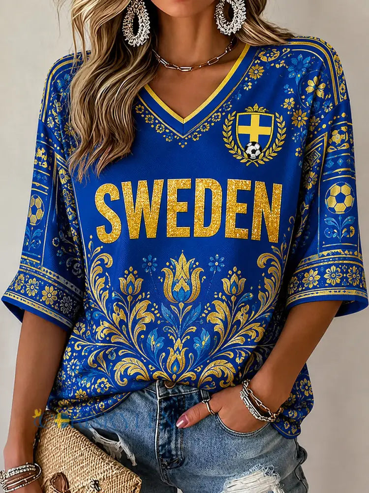 Retro nordisk-svensk fotbollsfanart-print avslappnad topp - A / S