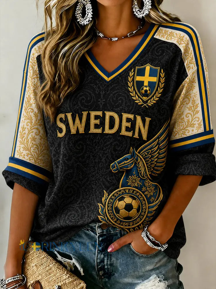 Retro nordisk-svensk fotbollsfanart-print avslappnad topp - A / S