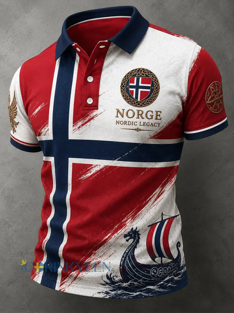 Retro nordiskt polotröja i vikingastil med grafisk design avslappnad stil - A / S
