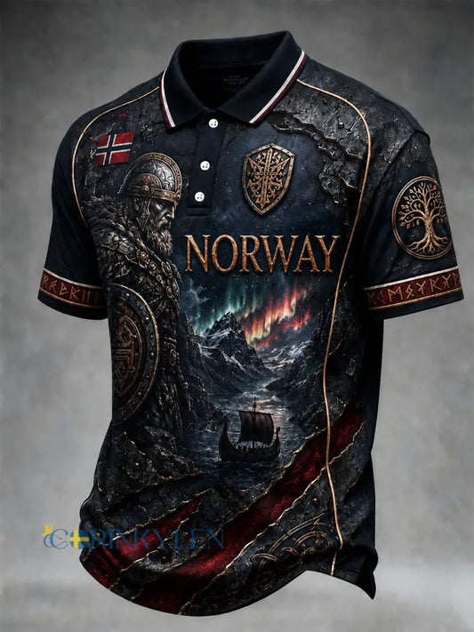 Retro nordiskt polotröja i vikingastil med grafisk design avslappnad stil - A / S