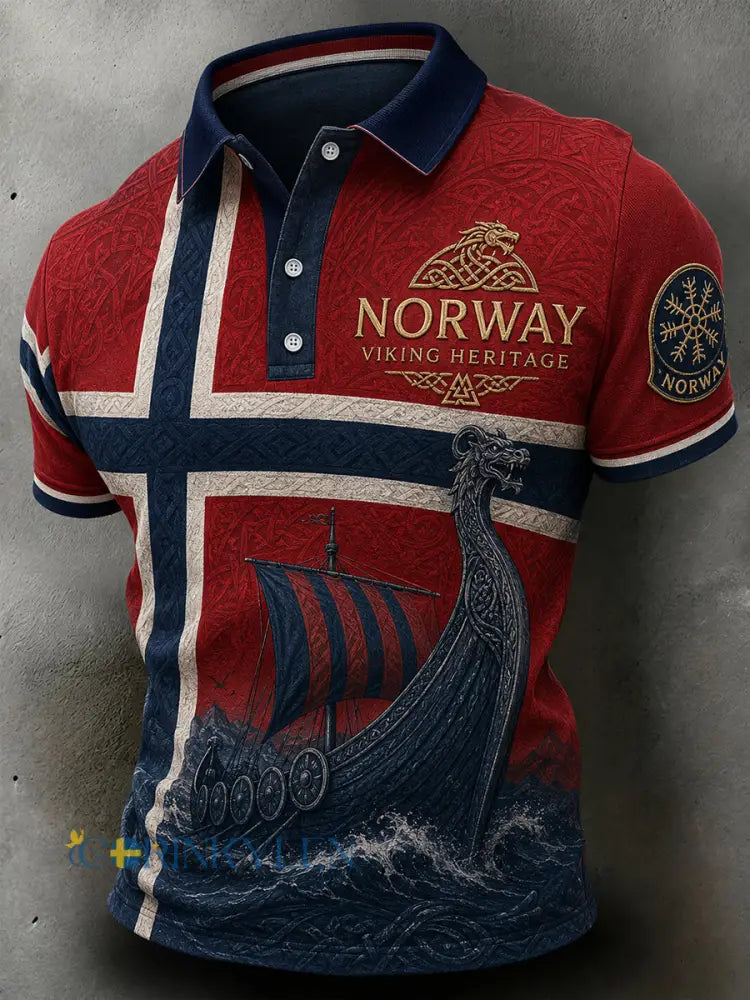 Retro nordiskt polotröja i vikingastil med grafisk design avslappnad stil - A / S