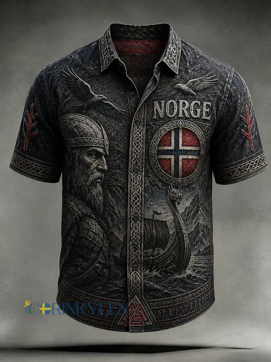 Retro norsk casualskjorta i vikingstil - som bild / S
