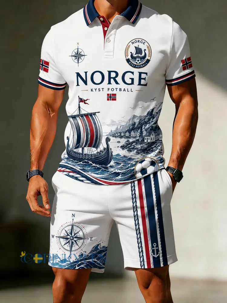 Retro norsk fotbollsfansstil nordisk konsttryck avslappnad pikétröja tvådelad set - A / S