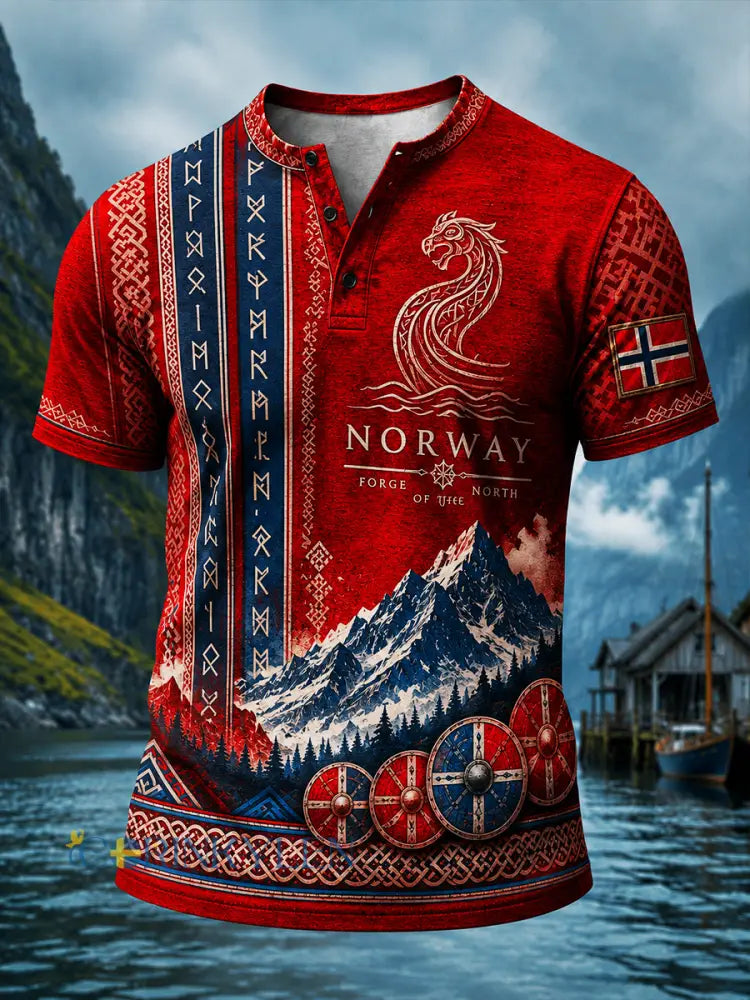 Retro norsk viking nordisk stil konsttryck avslappnad Henley-tröja - A / S