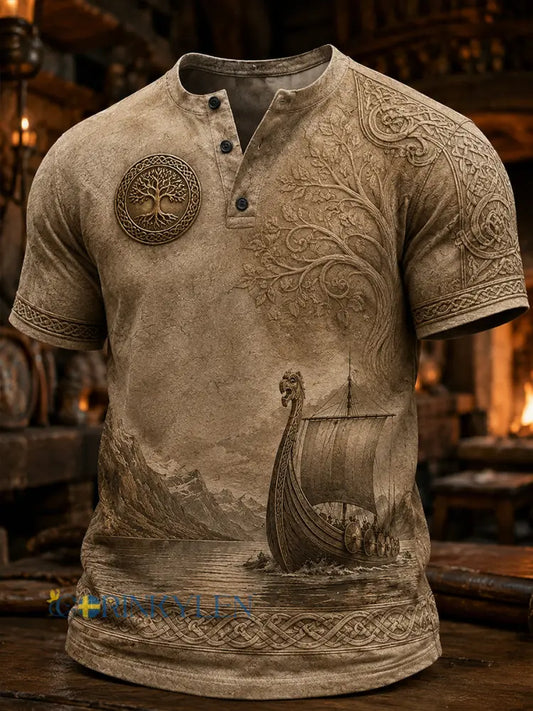 Retro norsk viking nordisk stil konsttryck avslappnad Henley-tröja - A / S